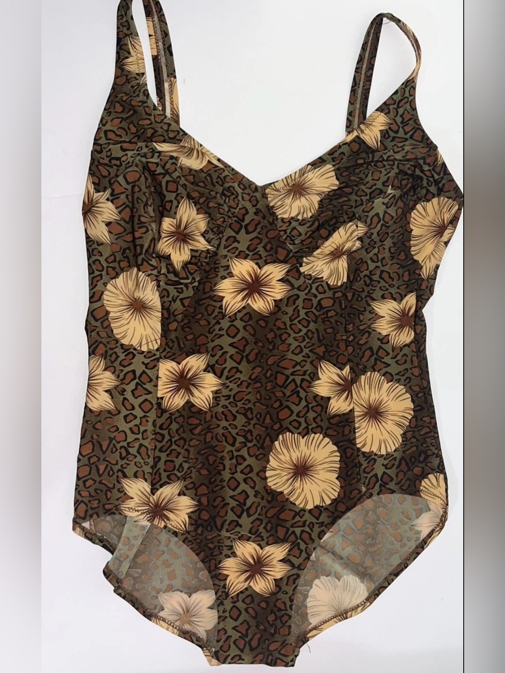 Nicole K Womens‎ Size XL One Pc Swimsuit Brown Leopard Print Floral Hawaiian EUC